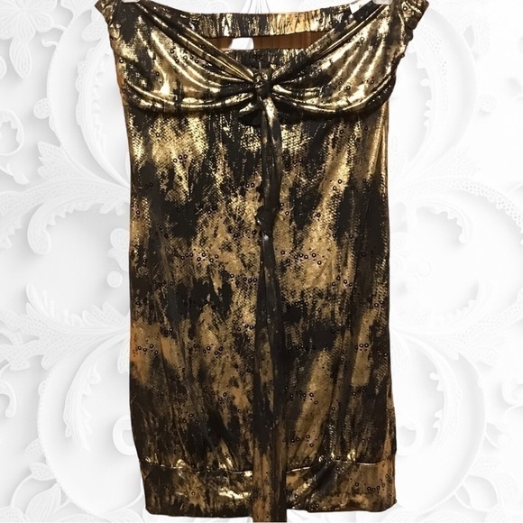 Black/Gold Strapless Long Form Fitted Top With Cut Outs In Back Front Long Tie - Picture 3 of 3